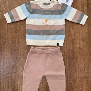 deux par deux Ribbed Knit Baby Sweater in pale colors with doggy design